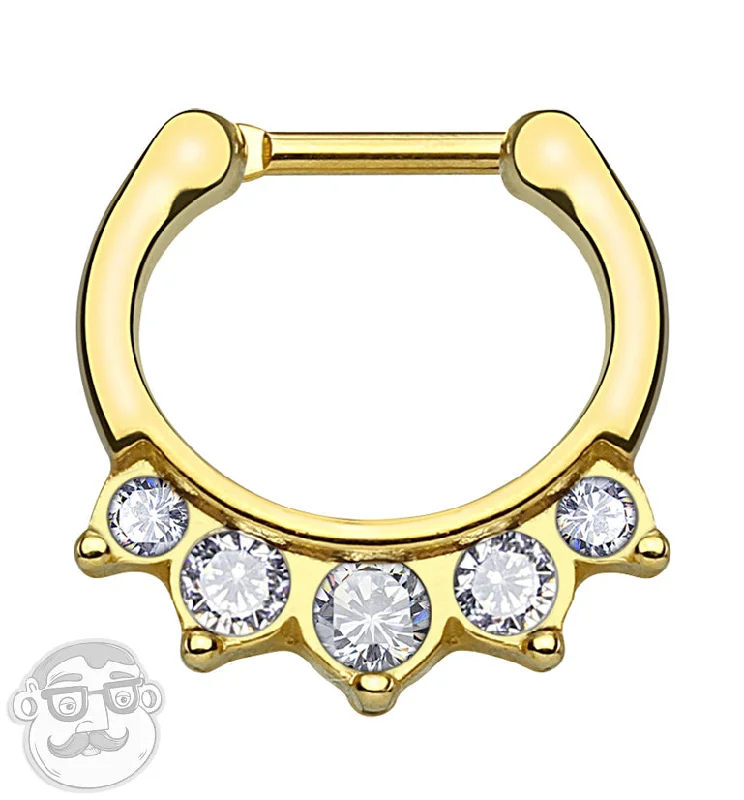 16G PVD Gold Five CZ Gem Stainless Steel Septum Clicker