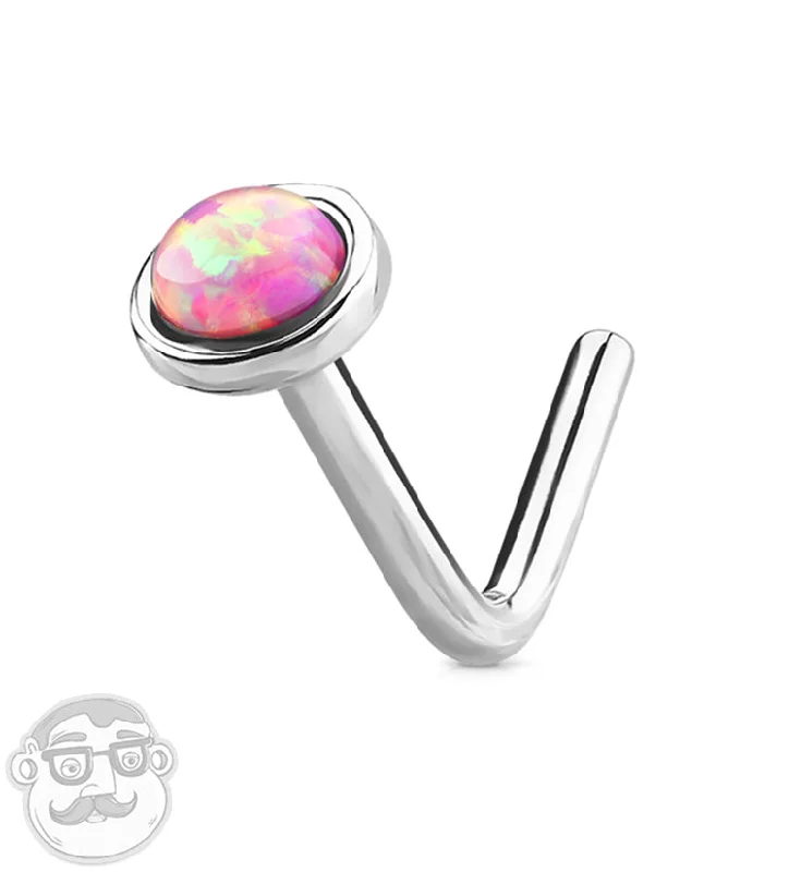 20G 14kt White Gold L Bend Pink Opal Top Nose Ring