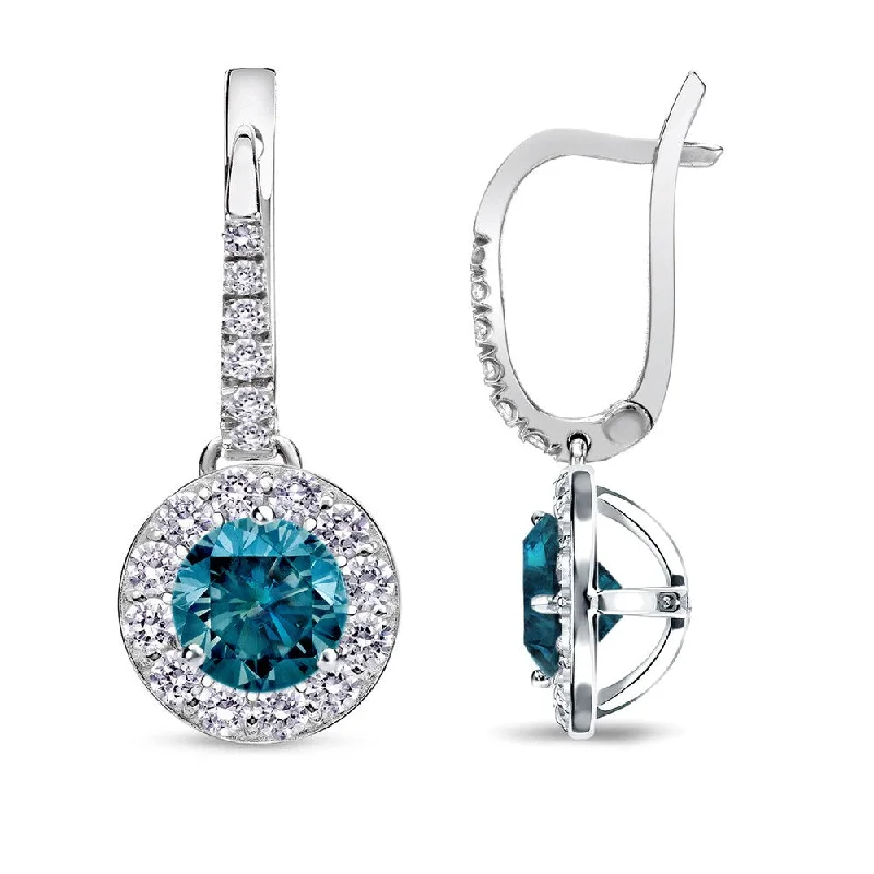 Auriya 1/2 to 2ctw Blue Diamond Halo Dangle Earrings 14k White Gold (SI1-SI2)