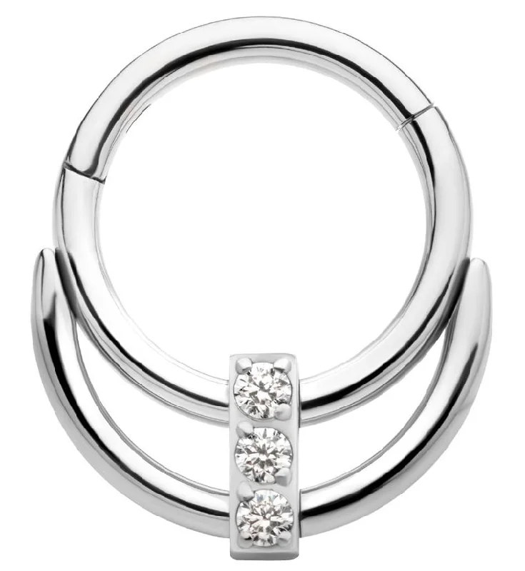 Double Hoop Triple CZ Line Titanium Hinged Segment Ring