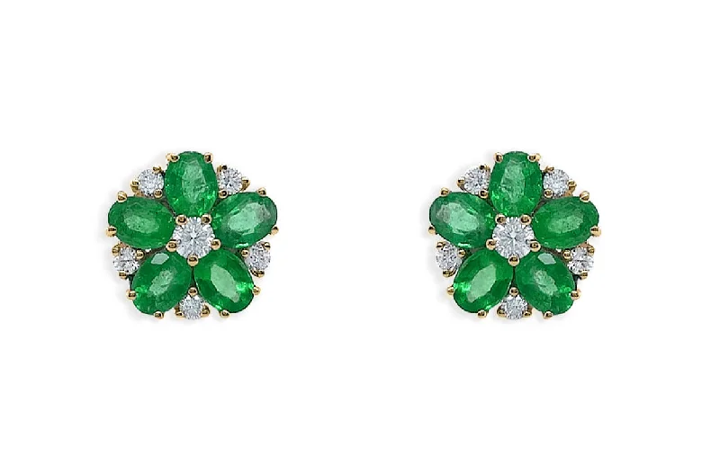 Earrings 14kt Gold Flowers Oval Emeralds & Diamonds