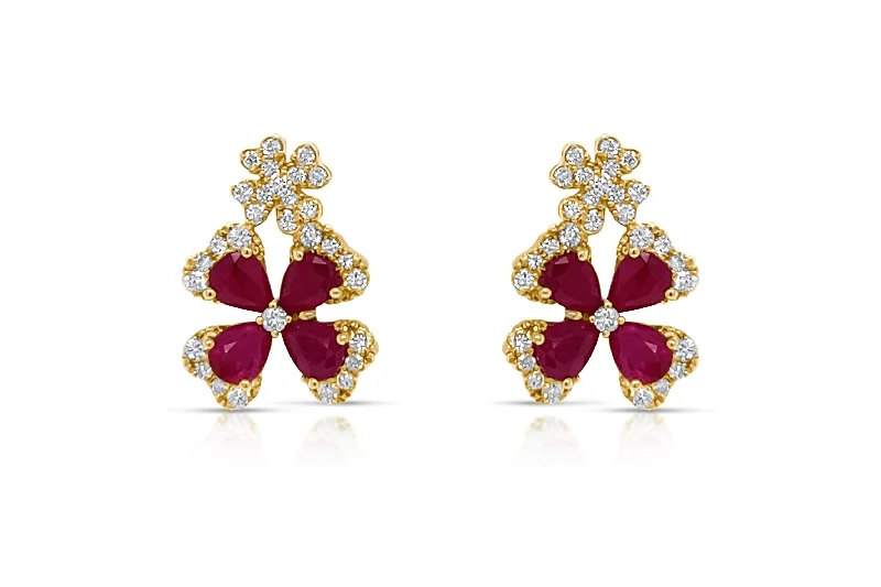 Earrings 18kt Yellow Gold Two Flowers Rubies & Diamonds