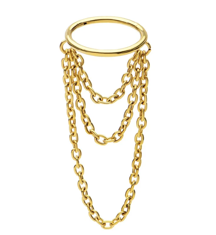 Gold PVD Abaft Triple Dangle Chain Stainless Steel Hinged Segment Ring