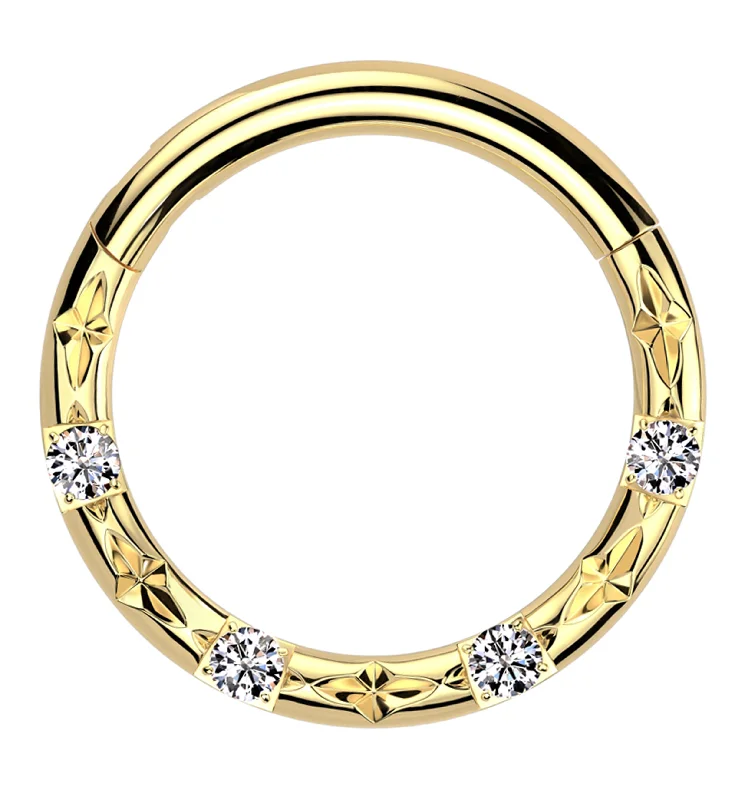 Gold PVD Faceted Baguette Clear CZ Hinged Segment Ring