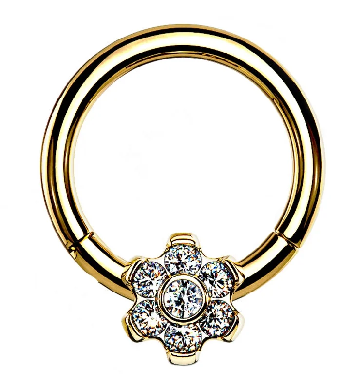 Gold PVD Frontal Flower CZ Hinged Segment Ring