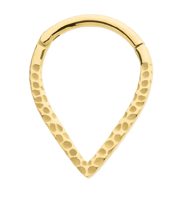 Gold PVD Hammered Teardrop Stainless Steel Hinged Segment Ring