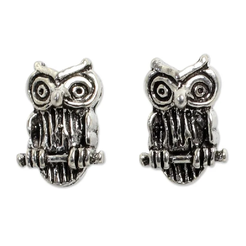 NOVICA Handmade Sterling Silver Wise Little Owl Earrings (Thailand)