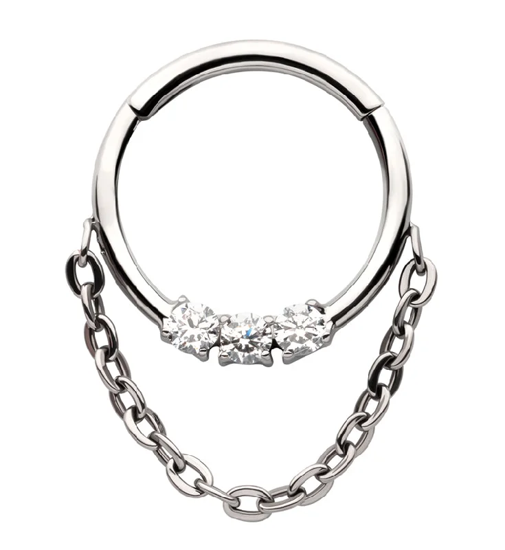 Triple Clear CZ Dangle Chain Titanium Hinged Segment Ring