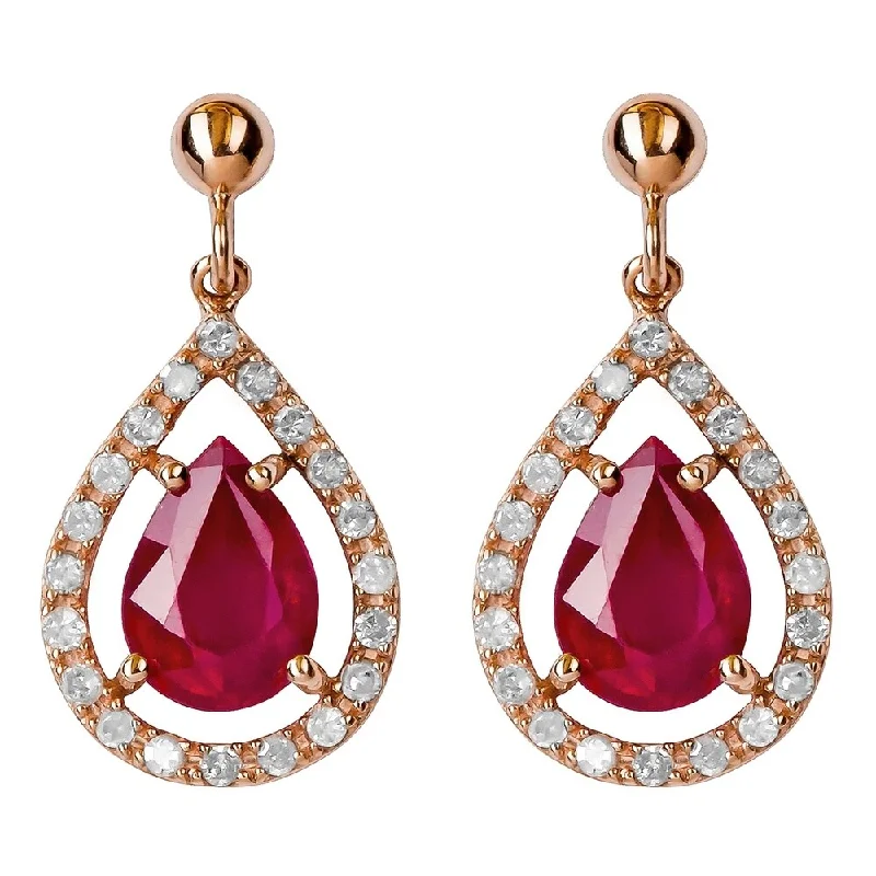 Viducci 10k Rose Gold Genuine Pear-Shape Ruby and Diamond Halo Dangle Earrings