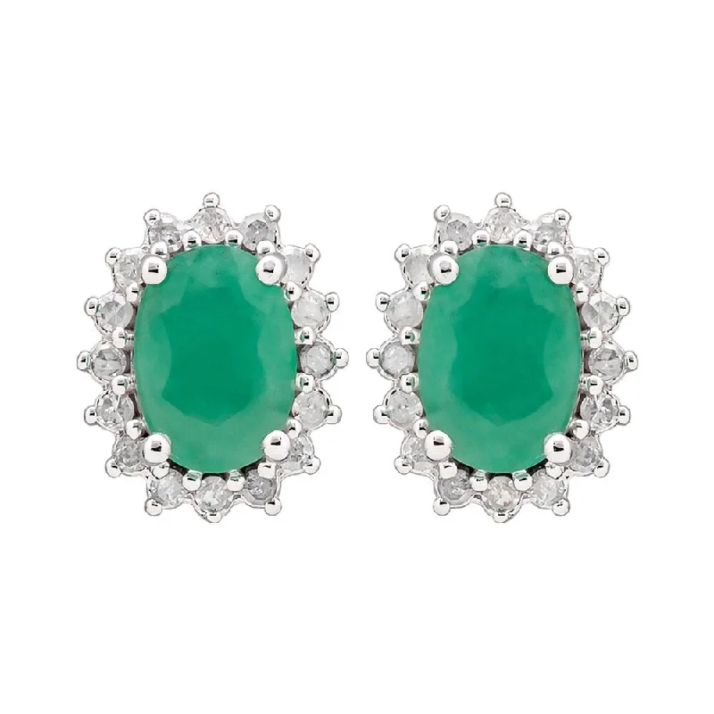 Viducci 10k White Gold Genuine Oval Emerald and 1/4ct Diamond Halo Earrings