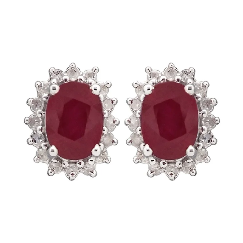 Viducci 10k White Gold Genuine Oval Ruby and 1/4ct Diamond Halo Earrings