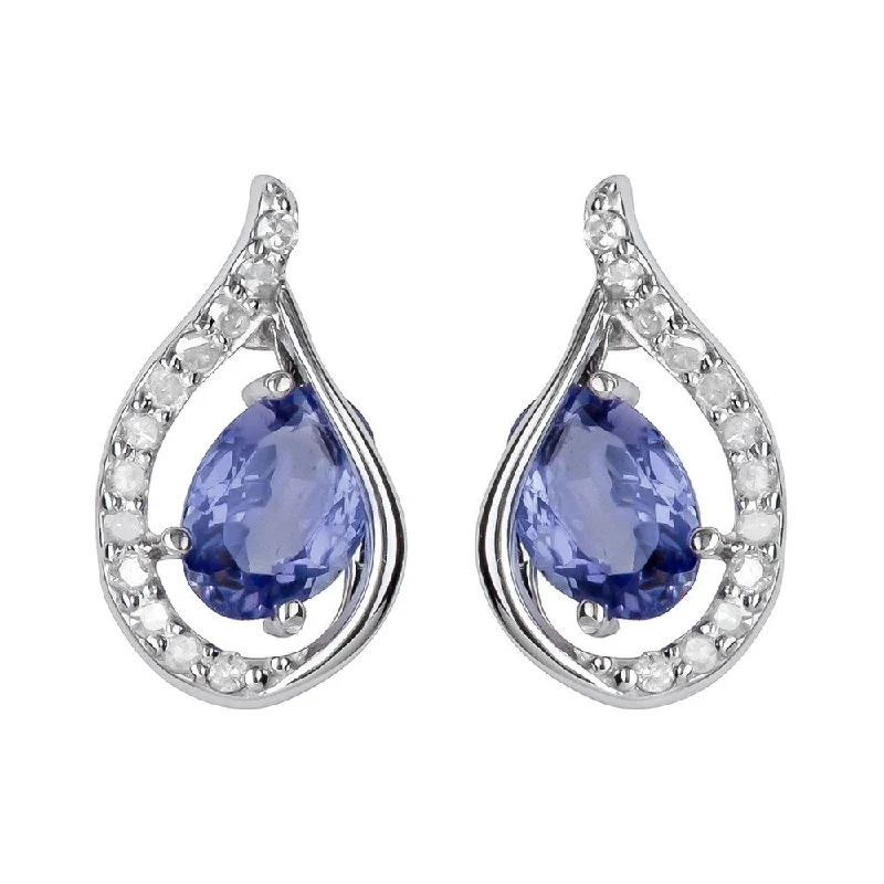 Viducci 10k White Gold Genuine Oval Tanzanite and Diamond Curved Halo Drop Earrings