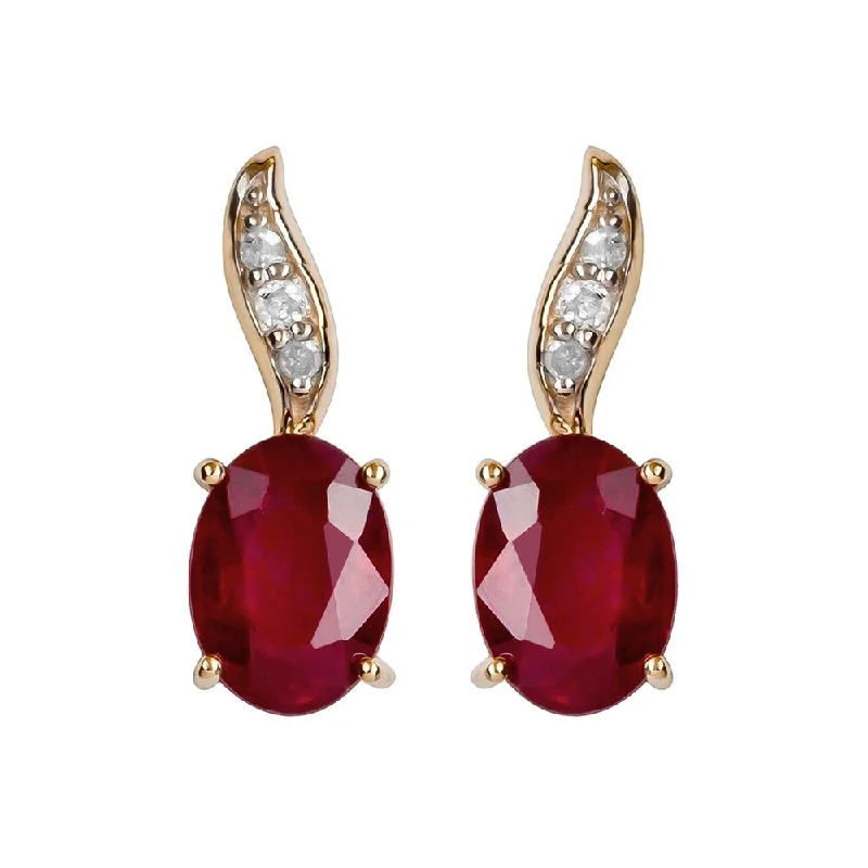 Viducci 10k Yellow Gold Genuine Oval Ruby and Diamond Drop Earrings