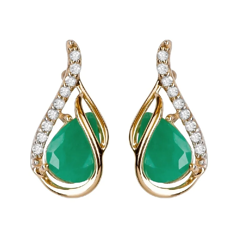 Viducci 10k Yellow Gold Genuine Pear-Shape Emerald and Diamond Curved Halo Drop Earrings