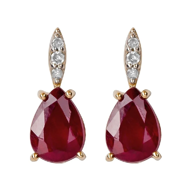 Viducci 10k Yellow Gold Genuine Pear-Shape Ruby and Diamond Drop Earrings