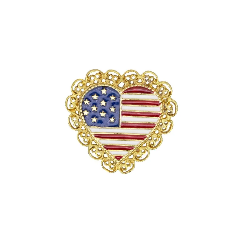 1928 Jewelry Patriotic American Flag Heart Filigree Pin