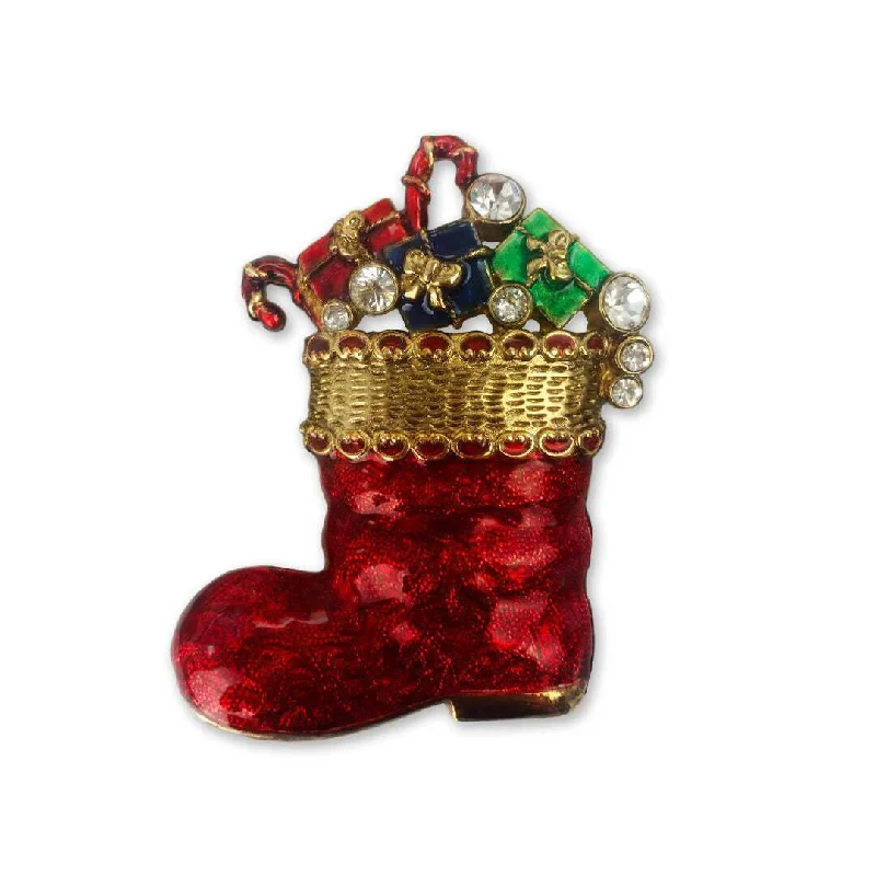 1928 Jewelry Red Christmas Stocking Crystal & Gifts Brooch