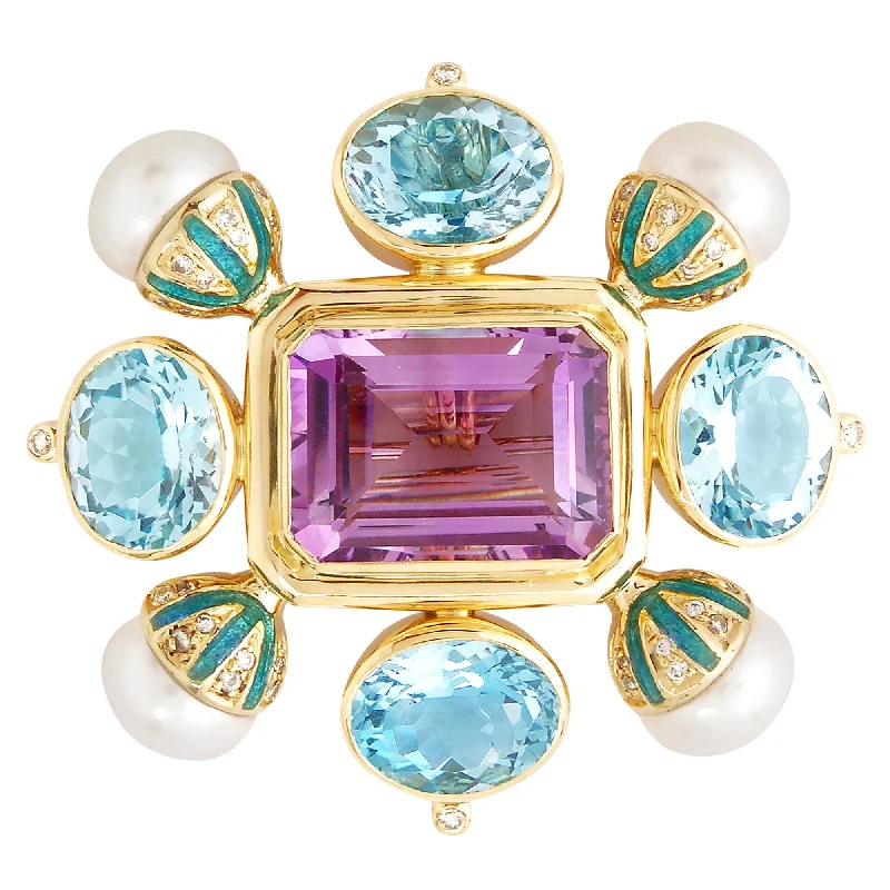 Brooch- Amethyst,blue Topaz,pearl & Diamond (Enamel)