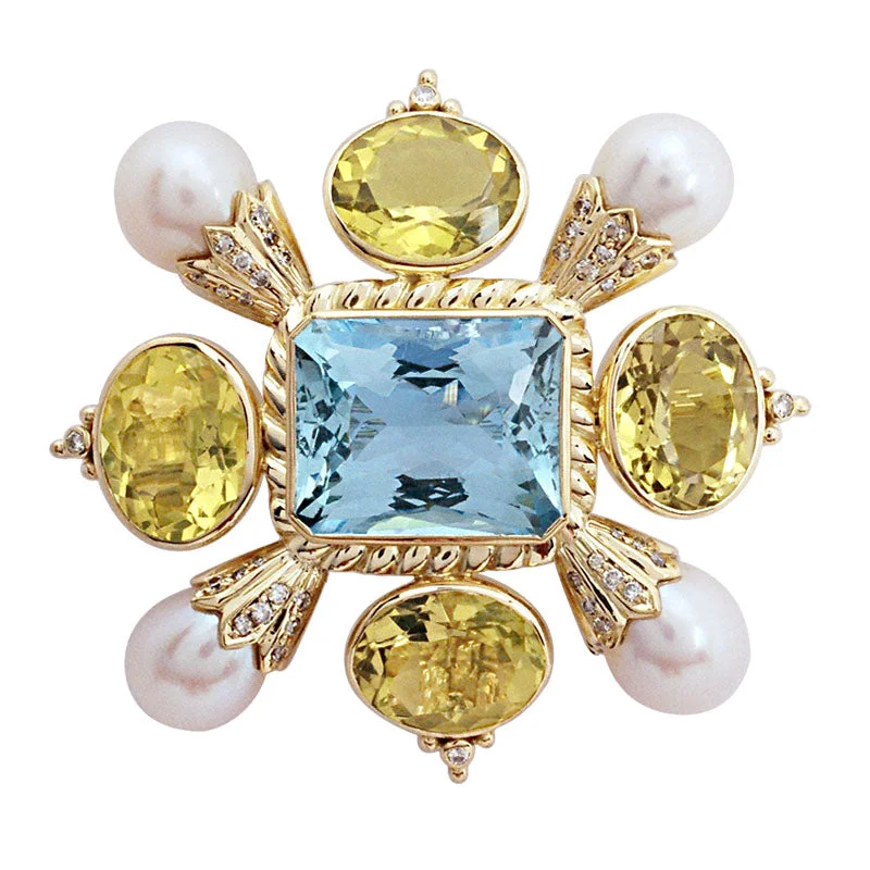 Brooch - Aquamarine, Lemon Quartz, Pearl and Diamond