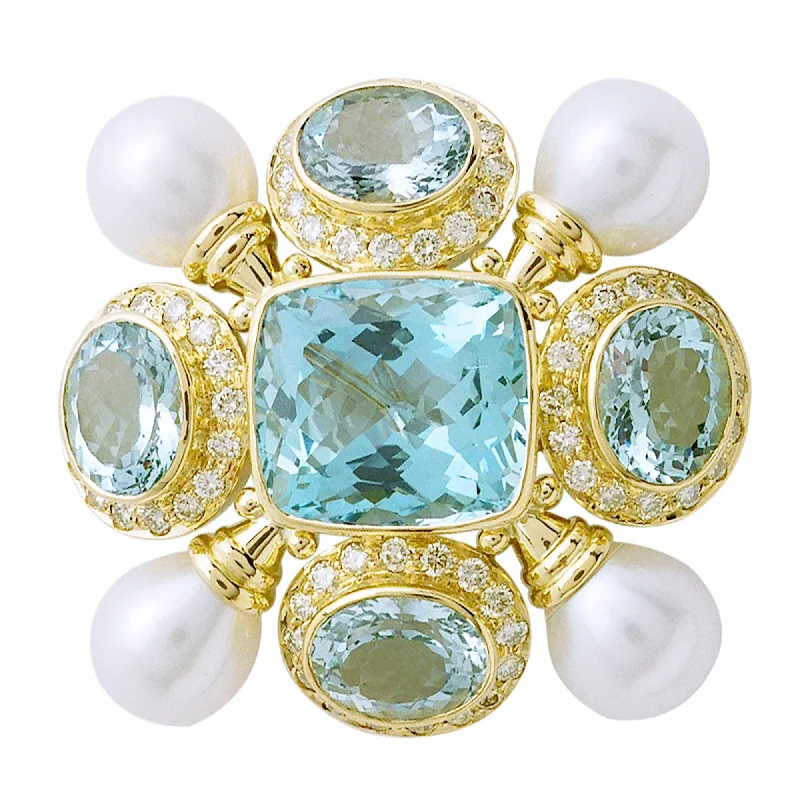 Brooch- Aquamarine, Pearl And Diamond