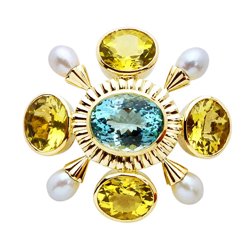 Brooch- Aquamarine, Pearl And Lemon Quartz