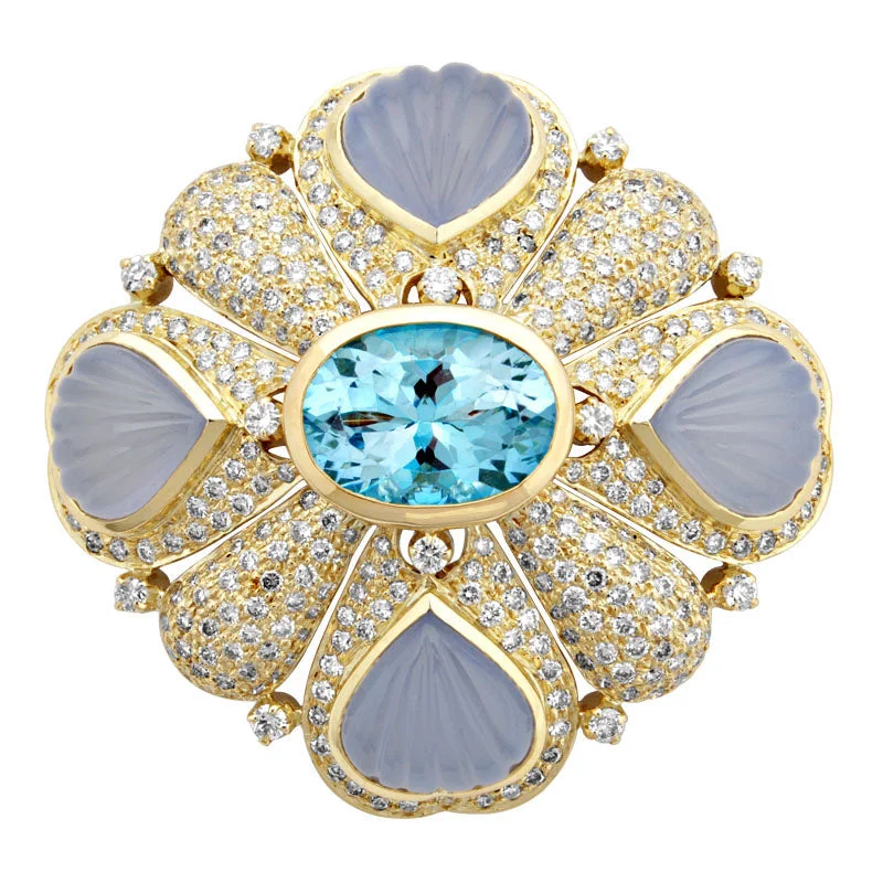 Brooch- Blue Topaz, Chalcedony And Diamond