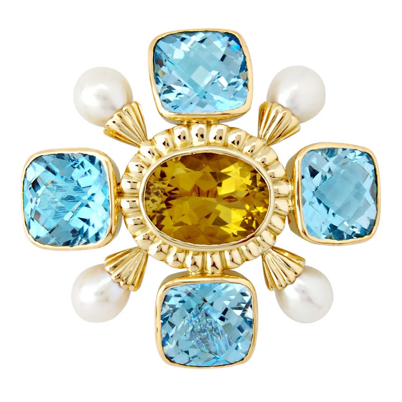 Brooch-Lemon Quartz, Blue Topaz and Pearl