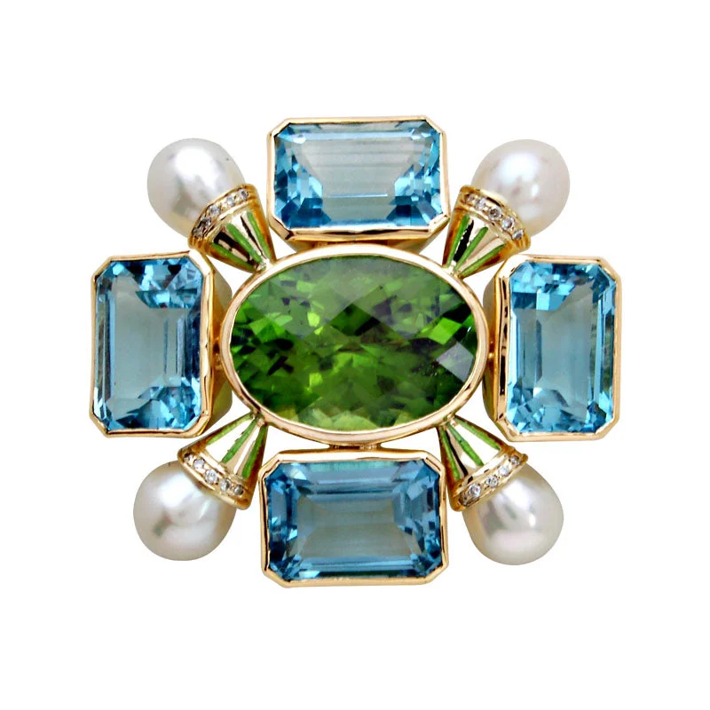 Brooch-Peridot, Blue Topaz, Pearl and Diamond (Enamel)