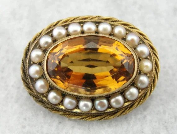 Victorian Citrine Pendant or Brooch  Surrounded by Pearls